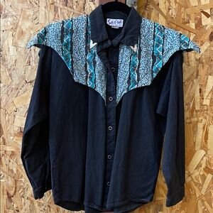 Vintage Black Button-Down Shirt with Teal & White Southwestern Yoke